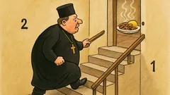 Banc: Un preot urcă scările...