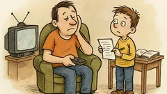 Banc: – Tati, mă ajuți la teme?