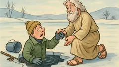 Banc: Un pescar merge iarna pe lac