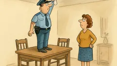 Banc: Un polițist se urcă pe masă