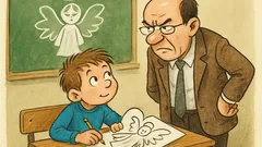 Banc: La desen, un copil cu trei aripi