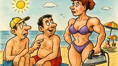 Banc: Pe plajă, Costele laudă silueta nevestei