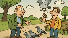 Banc: Doi tipi în parc, hrănesc porumbei