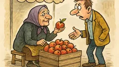 Banc: O bunicuță vinde mere de la Cernobîl