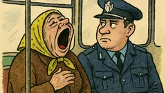 Banc: O babă cască în tramvai...