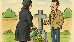 Banc: O văduvă udă flori la mormânt