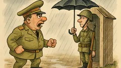 Banc: Generalul vede un soldat cu umbrelă