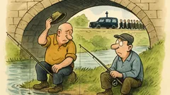 Banc: Doi bărbați pescuiesc sub un pod