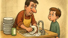 Banc: Un bărbat spală vasele...