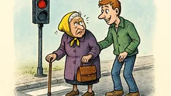 Banc: O bătrânică stă la semafor