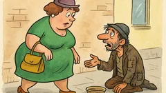 Banc: O doamnă plinuță, un cerșetor flămând...